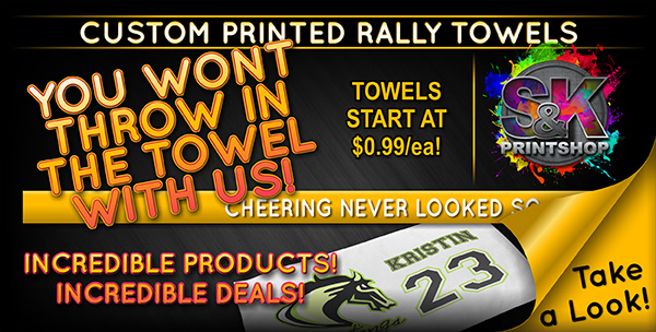 S&K is now offering a great value to advertise your business or to help create some team spirit. S&K is offering 2 Rally Towels for a great price! Our 10''x18'' Rally Towels are only $0.99/each and our larger 15''x18'' Rally Towels are $1.49/each. These towels can have have full color printing on them to help root your favorite team on or to advertise a sale or promotion. Visit us at skmfg.com to place your order today!
