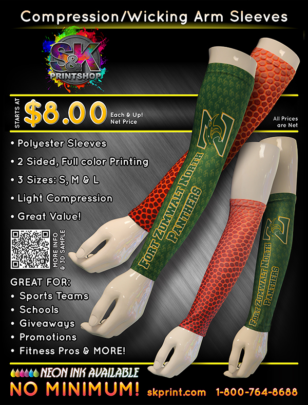 ARM SLEEVES! - S&K wants to help you and your favorite player stand out on the field. We have created our own arm sleeve for great support, comfort and print! We have created 3 different sizes to fit most players. Why not give S&K's new artm sleeves a try today...maybe it will turn into your new good luck charm on dame day!