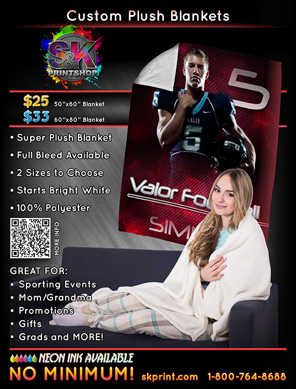 Custom Printed Dye Sublimated Plush Blankets. Starting at $25 you can give the gift of warmth!