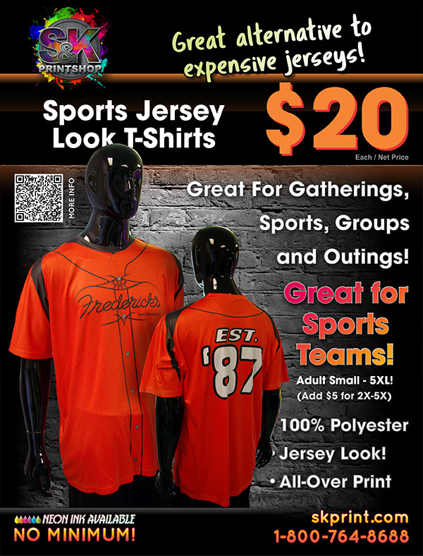 CUSTOM SPORTS JERSEY LOOK T-SHIRTS - Are you ready for the game, but your budget doesn't allow for high end jerseys? Our Sports Jersey Look T-Shirts are a great alternative to the high costs of actual jerseys! Our 100% polyester t-shirts are printed to look like a jersey with ALL of your vibrant colors and individual players name and numbers. Each shirt is dye sublimated on both the front and back so you can load it up with artwork and colors to make your team or group stand out on the field. Visit us at skprint.com to place your Custom Sports Jersey Look T-Shirts order today!